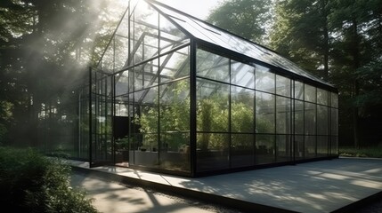Fototapeta premium Minimalist greenhouse with clean lines and a modern design, generative ai