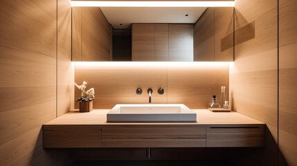 Fototapeta na wymiar Minimalist guest bathroom with a wall-mounted sink and clean design, generative ai
