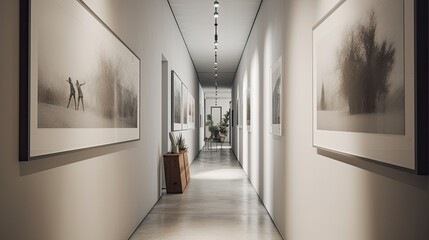 Minimalist hallway with a clean design and simple artwork, generative ai