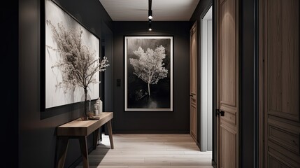 Minimalist hallway with a statement art piece and minimal lighting, generative ai
