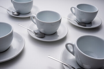 group of coffee mugs on white background.