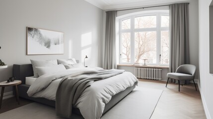 White and gray minimalist bedroom with cozy linens, generative ai