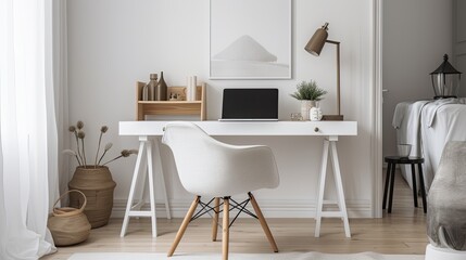 Minimalist home office with a clean, white desk and modern chair, generative ai