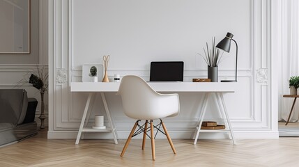 Minimalist home office with a clean, white desk and modern chair, generative ai
