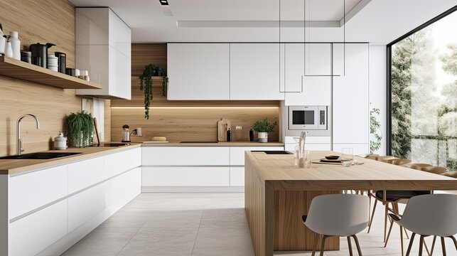 White and wood minimalist kitchen with clean lines and modern appliances, generative ai