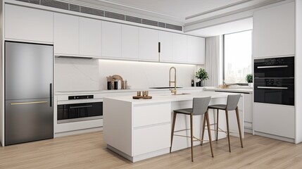 Fototapeta premium Minimalist kitchen with white cabinetry and stainless steel appliances, generative ai