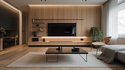 Minimalist living room with a built-in entertainment center and simple seating, generative ai