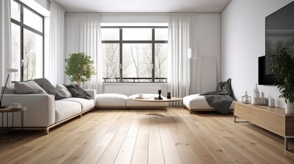 Minimalist living room with white walls and wooden floor, generative ai