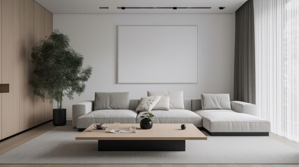 Minimalist lounge area with a low-profile sofa and simple coffee table, generative ai