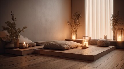 Minimalist meditation room with a peaceful ambiance and soft lighting, generative ai