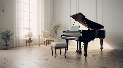 Minimalist music room with a grand piano and simple acoustics, generative ai