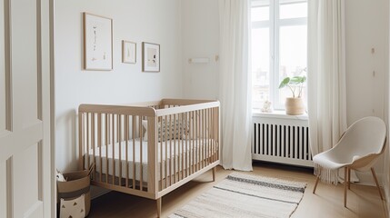 Fototapeta na wymiar Minimalist nursery with a simple crib and muted colors, generative ai