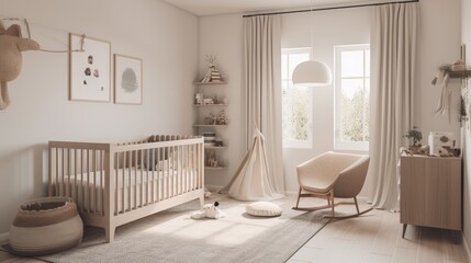 Minimalist nursery with a simple crib and muted colors, generative ai