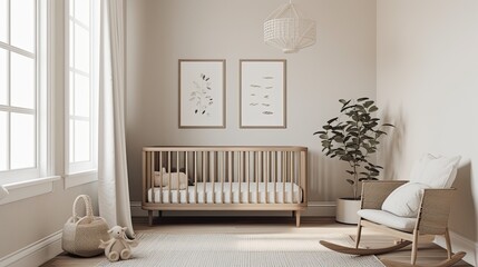 Minimalist nursery with a simple crib and muted colors, generative ai