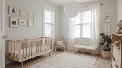 Minimalist nursery with a simple crib and muted colors, generative ai