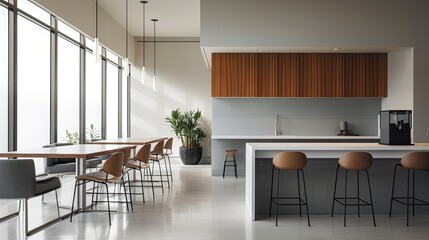 Minimalist office break room with modern furniture and clean design, generative ai
