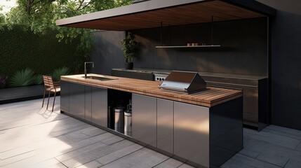 Minimalist outdoor kitchen with a simple design and functional layout, generative ai