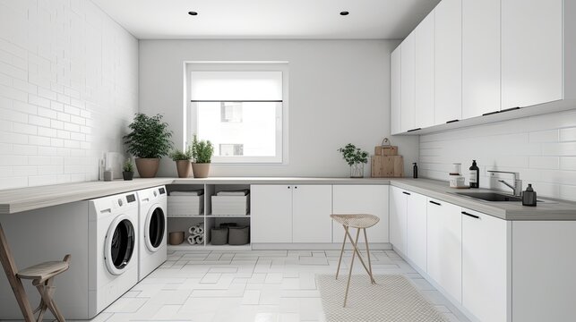 Minimalist laundry room with white cabinets and a folding station, generative ai