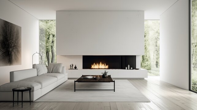 Minimalist living room with a statement fireplace and simple seating. generative ai