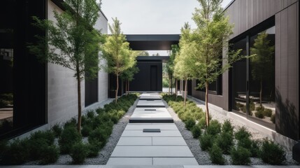 Minimalist walkway with a sleek design and minimalist landscaping, generative ai