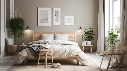 Simple Scandinavian-inspired bedroom with neutral colors, generative ai