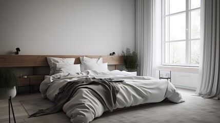 White and gray minimalist bedroom with cozy linens, generative ai