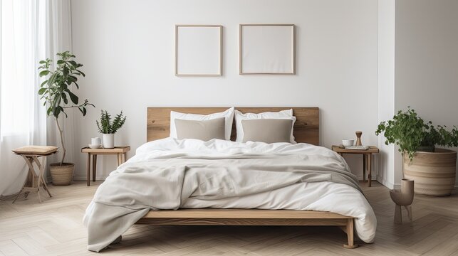 Simple Scandinavian-inspired bedroom with neutral colors, generative ai
