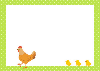 Obraz na płótnie Canvas Hen and baby chicks on a green polka dot design frame.