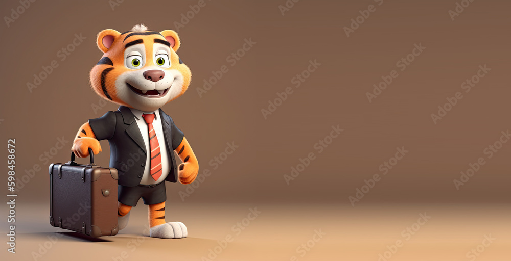 Poster Cute Cartoon Tiger in a Business Suit carrying a Briefcase (Generative AI)