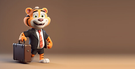 Obraz premium Cute Cartoon Tiger in a Business Suit carrying a Briefcase (Generative AI)