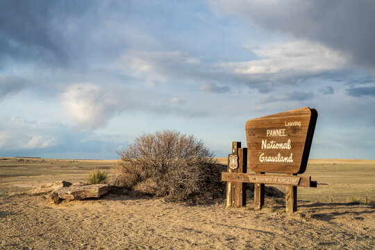 Stoneham, CO, USA - April 20, 2023: Leaving Pawnee National Grassland - roadsign in eastern Colorado, spring scenery.