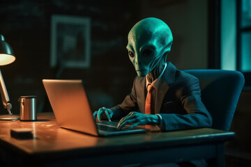 The alien works with a laptop. Background with selective focus. AI generated, human enhanced