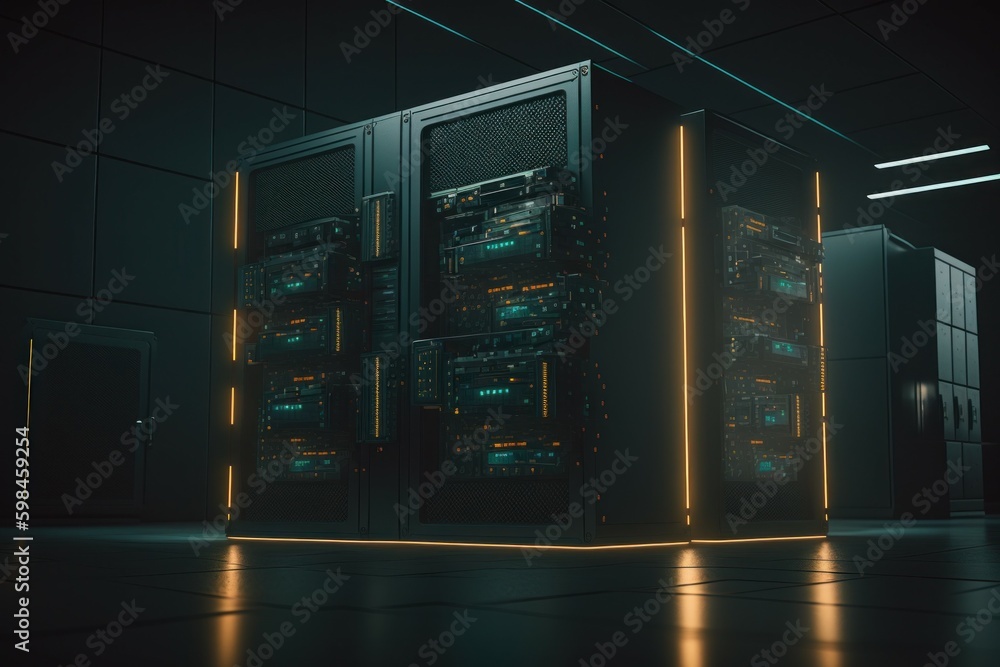 Poster modern data center with computer servers. ai generated, human enhanced.