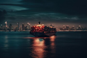 Fototapeta na wymiar Container ship near the city port at night. AI generated, human enhanced.