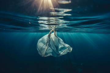 Plastic bag under the sea. AI generated, human enhanced.