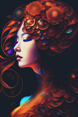 A poster design of an Asian girl with hair in colorful floral patterns created using AI