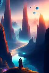 A beautiful poster featuring a mountain landscape with a man standing in the middle of it created using AI
