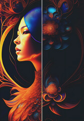 An Asian girl with colorful floral patterns created using AI generative tools