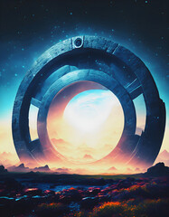A stunning poster featuring a mesmerizing portal galaxy landscape created using AI