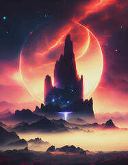 A poster of a castle in the middle of space created using AI generative tools