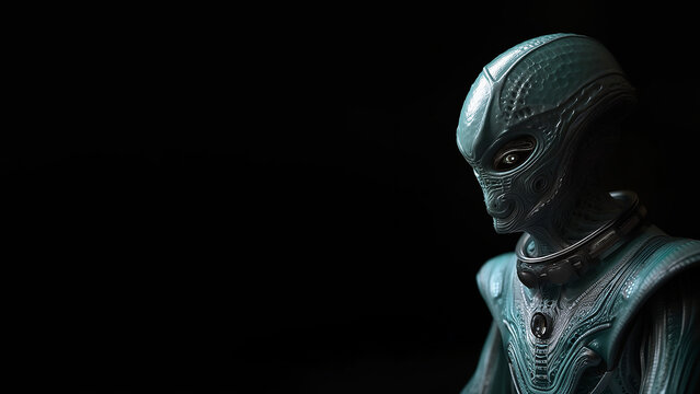 an alien male on a black background with space for text or copy