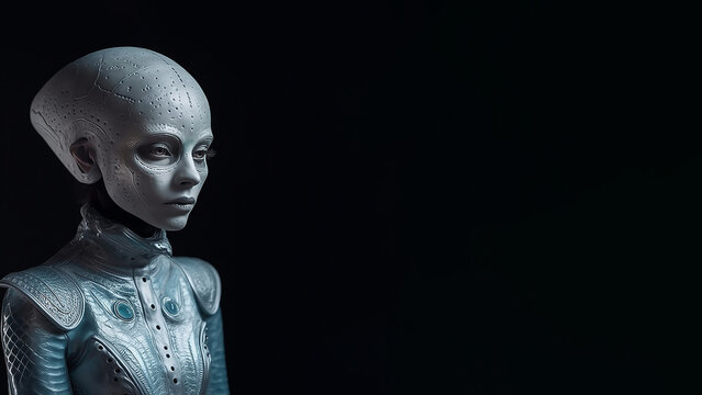 an alien female on a black background with space for text or copy