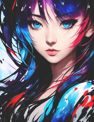 A girl with blue and red hair and blue eyes created using AI