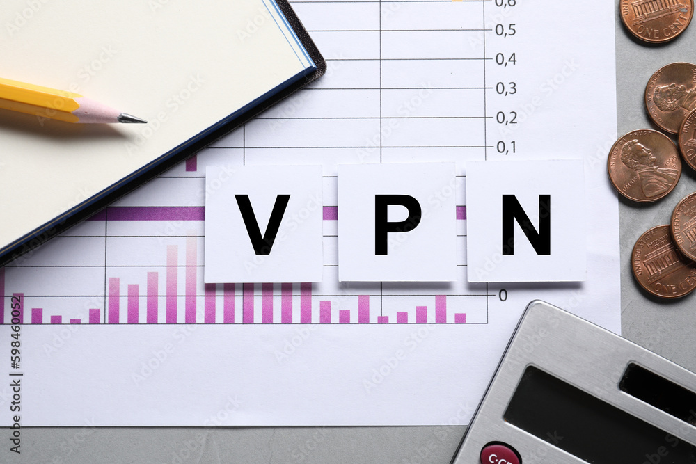 Poster flat lay composition of paper notes with acronym vpn (virtual private network) and document on light