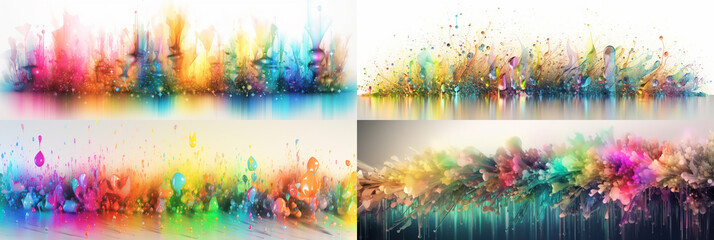 A set of four 10:3 aspect ratio frames, arranged for banners, showcase a fantastical fractal texture with abstract colorful rainbow drops and sparkles.  Generative AI 