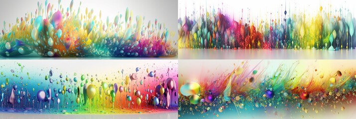 Four frames with a 10:3 aspect ratio, perfect for banners, are presented in a layout. The frames showcase a fantasy fractal texture with abstract colorful rainbow drops and sparkles. Generative AI 