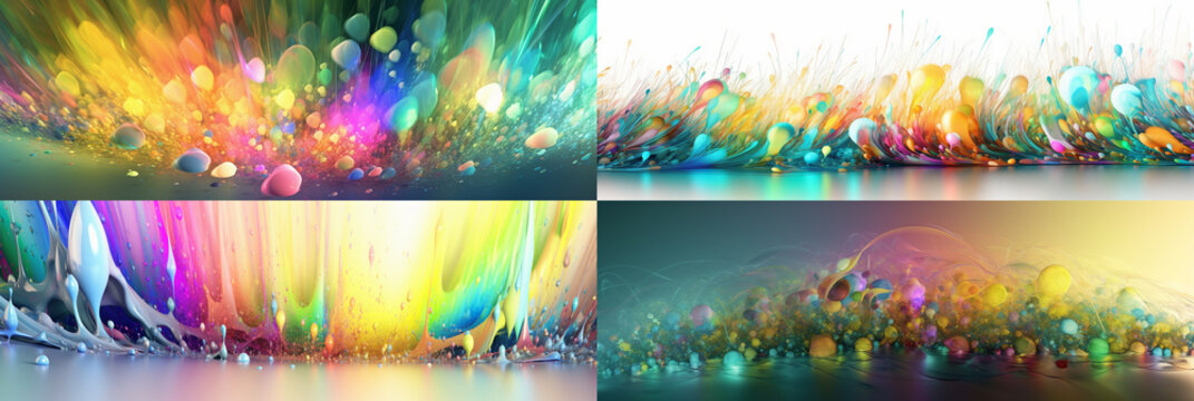 A set of four 10:3 ratio images have been arranged in a banner format, showcasing an abstract display of colorful rainbow drops and sparkles with a touch of fantasy fractal texture.  Generative AI 