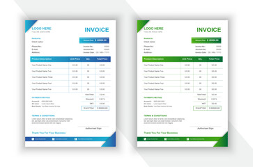 Corporate invoice layout in attractive gradient variations of green and blue colors.