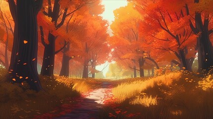 autumn forest, digital art illustration, Generative AI