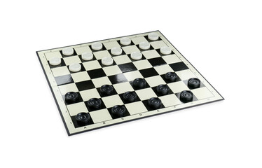 Checkerboard with game pieces isolated on white